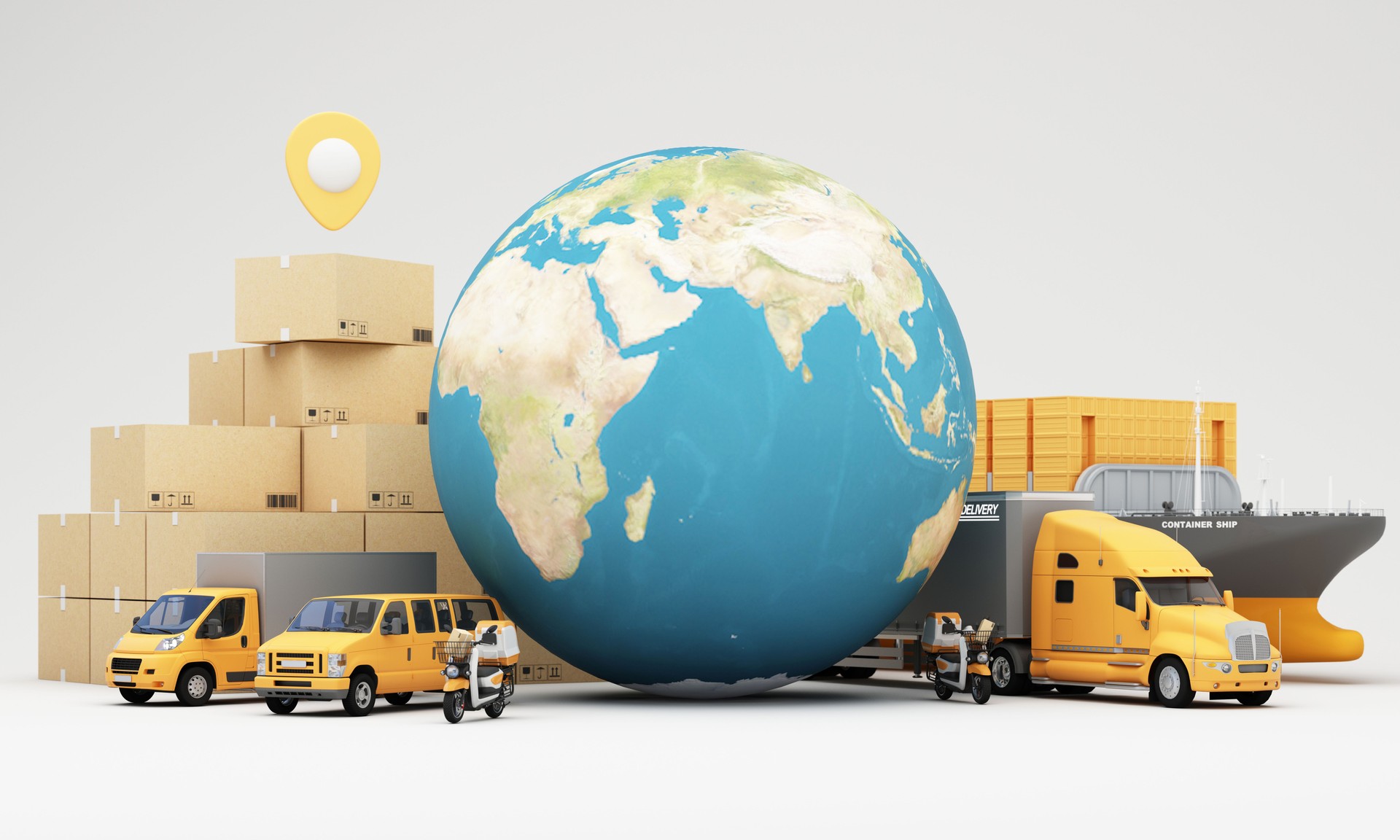 A global logistics and delivery concept with cargo ships trucks vans scooters and packages surrounding a globe symbolizing worldwide transportation and supply chain solutions 3d rendering