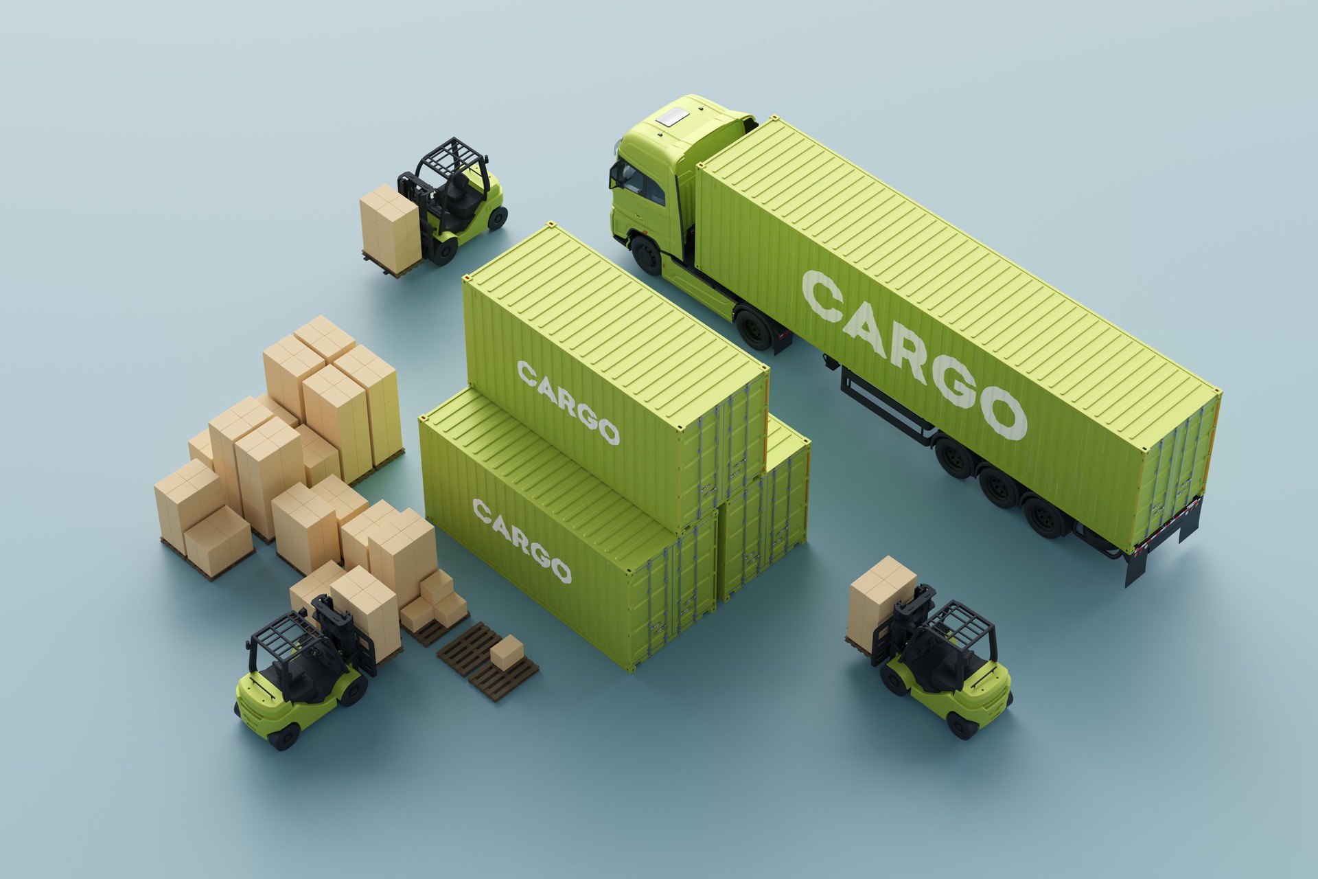 Logistics and freight transportation concept. Forklifts with abstract cardboard boxes, shipping containers and semi-truck in isometric projection.