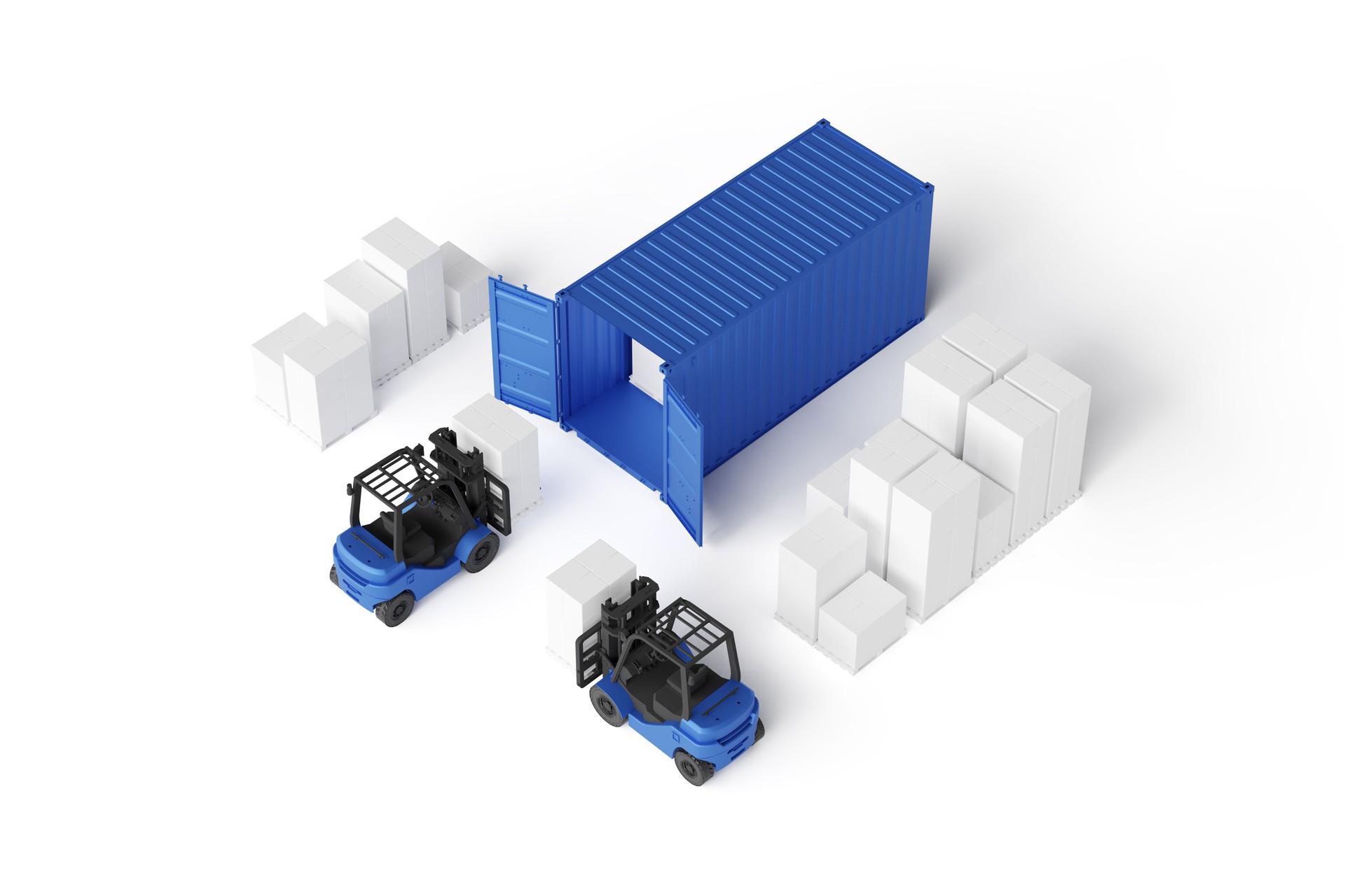 Forklifts and Shipping Container in Warehouse Setting