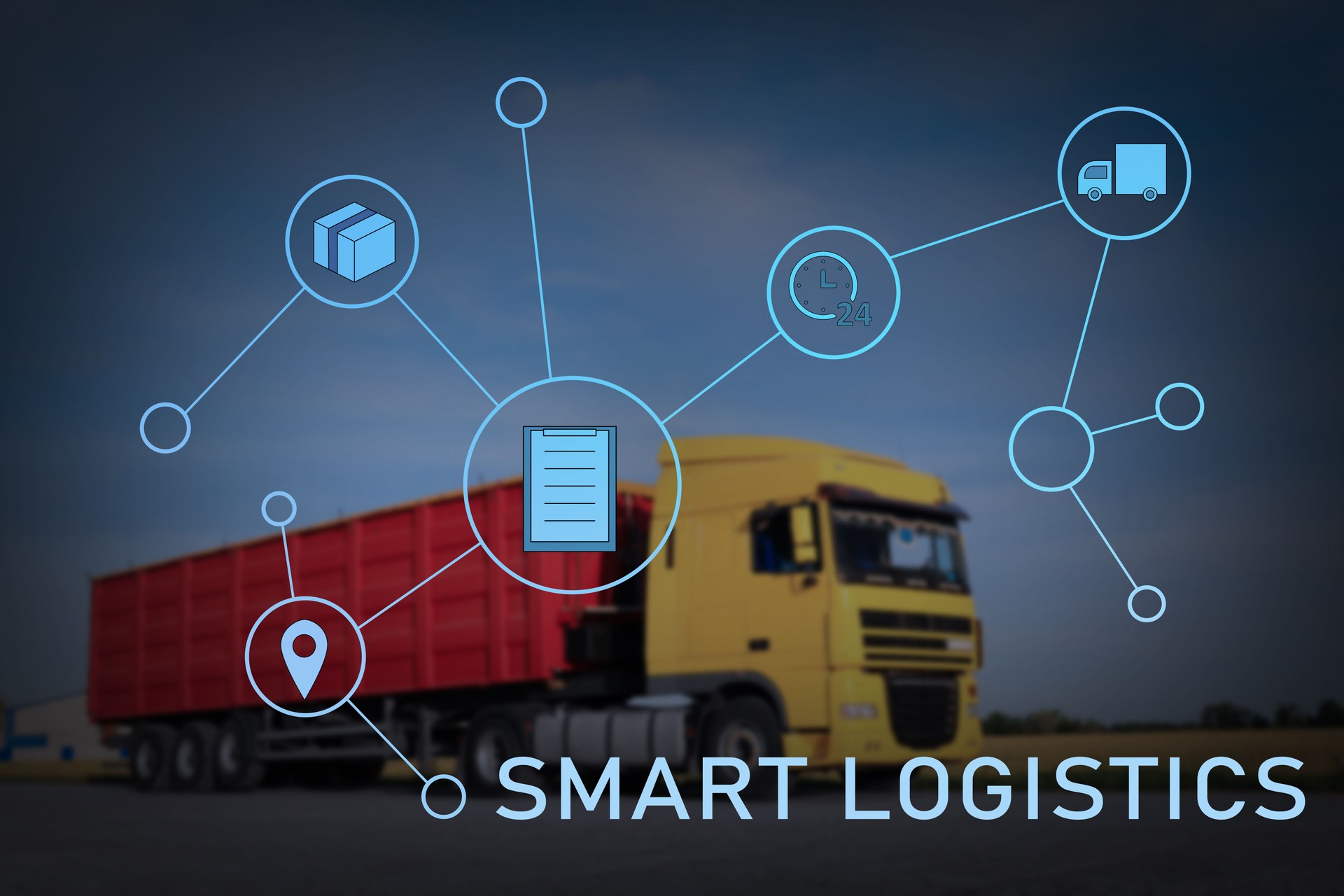Smart logistics concept. Truck on country road and scheme with icons